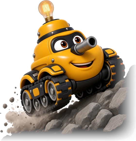 TINK, a yellow robot tank mascot, climbing a rocky incline